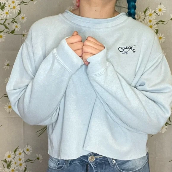 Vintage 90s pastel blue semi crop embroidered graphic Cherokee feather t shirt - Picture 3 of 9